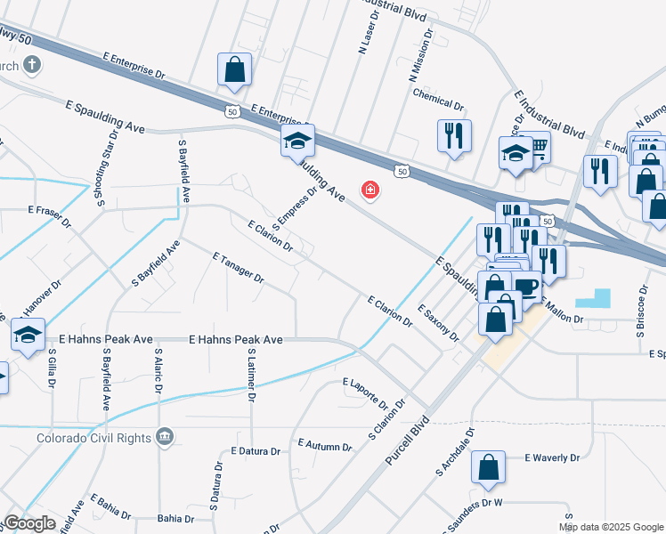 map of restaurants, bars, coffee shops, grocery stores, and more near 681 East Clarion Drive in Pueblo West