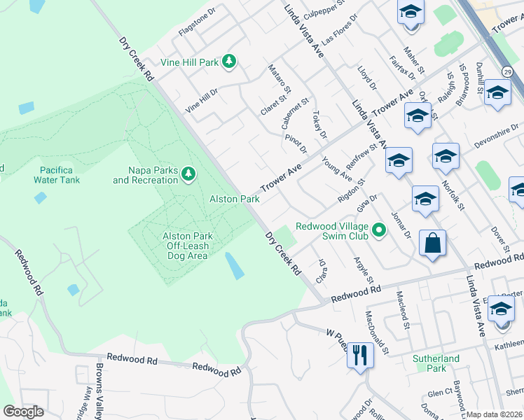 map of restaurants, bars, coffee shops, grocery stores, and more near 2570 Napier Court in Napa