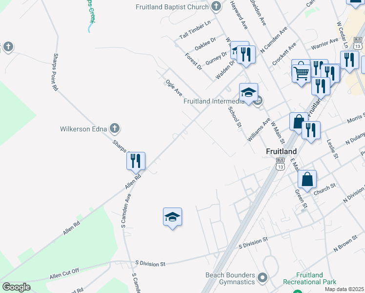 map of restaurants, bars, coffee shops, grocery stores, and more near 104 Townsend Lane in Fruitland