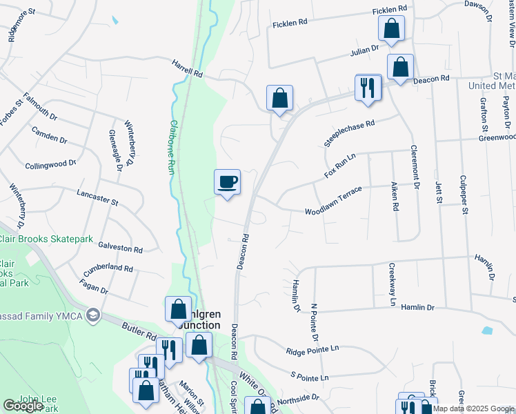map of restaurants, bars, coffee shops, grocery stores, and more near 160 Deacon Road in Fredericksburg