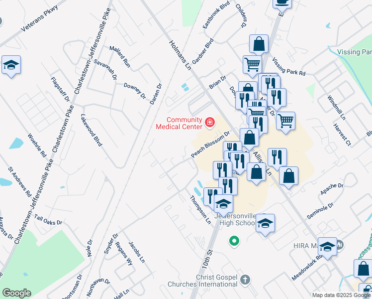 map of restaurants, bars, coffee shops, grocery stores, and more near 110 Orchard Hills Drive in Jeffersonville