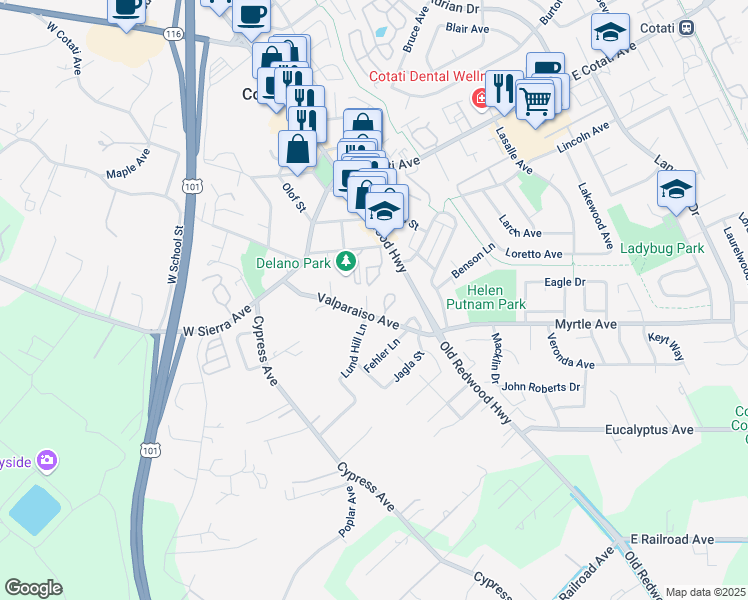 map of restaurants, bars, coffee shops, grocery stores, and more near 34 Pine Tree Circle in Cotati