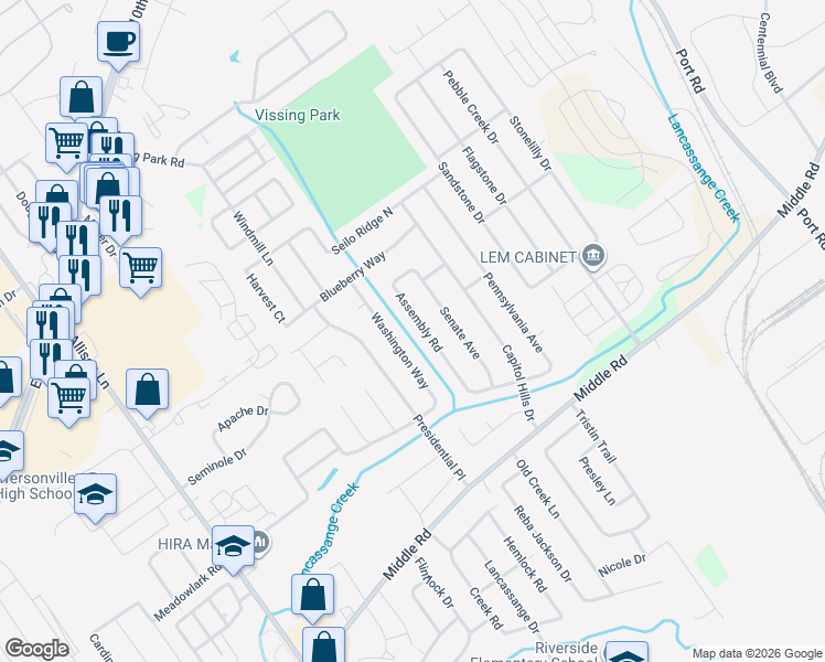 map of restaurants, bars, coffee shops, grocery stores, and more near 927 Washington Way in Jeffersonville