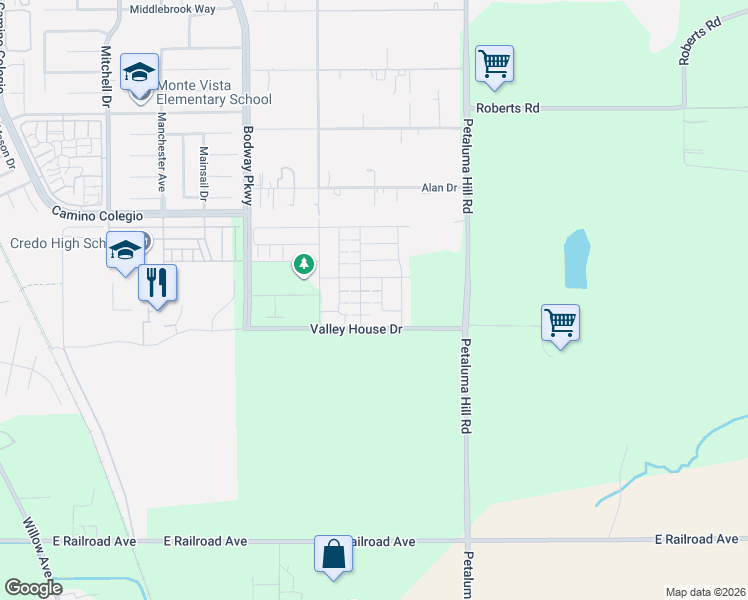 map of restaurants, bars, coffee shops, grocery stores, and more near 1210-1290 Valley House Drive in Penngrove