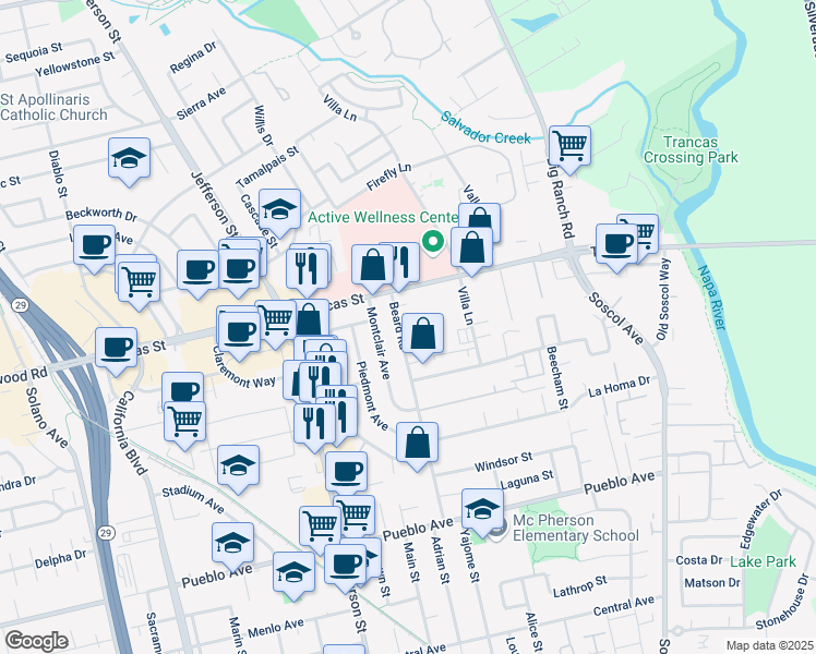 map of restaurants, bars, coffee shops, grocery stores, and more near 3230 Beard Road in Napa