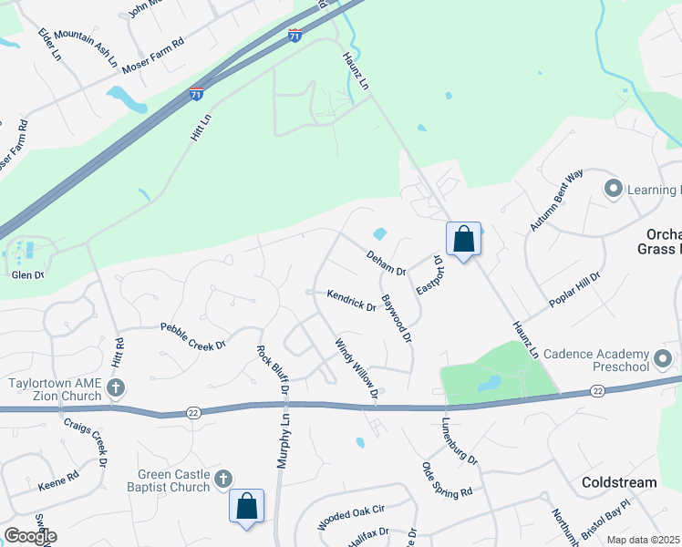 map of restaurants, bars, coffee shops, grocery stores, and more near 11409 Kendrick Drive in Louisville