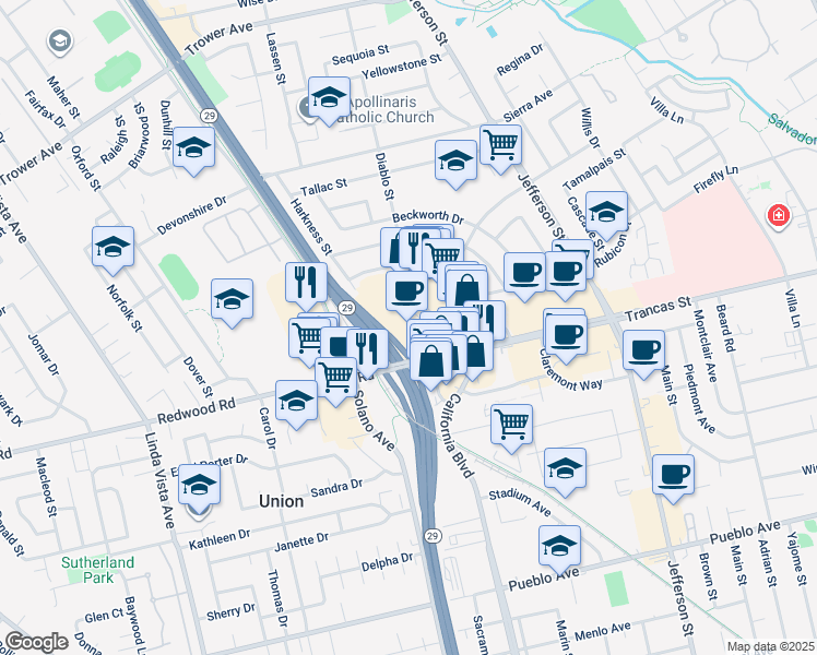 map of restaurants, bars, coffee shops, grocery stores, and more near 4000 Bel Aire Plaza in Napa
