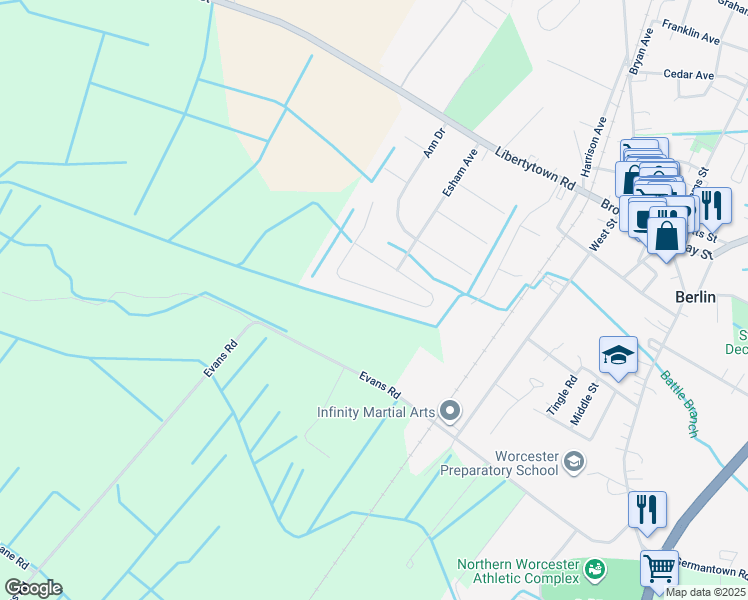 map of restaurants, bars, coffee shops, grocery stores, and more near 281 Powell Circle in Berlin