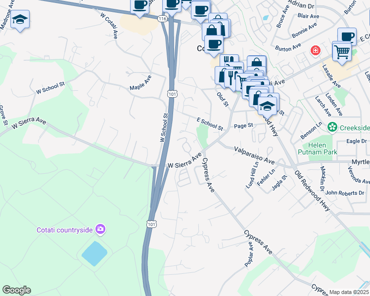 map of restaurants, bars, coffee shops, grocery stores, and more near 20 Terrace Drive in Cotati