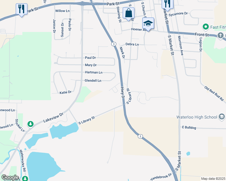 map of restaurants, bars, coffee shops, grocery stores, and more near 529 Southview Drive in Waterloo
