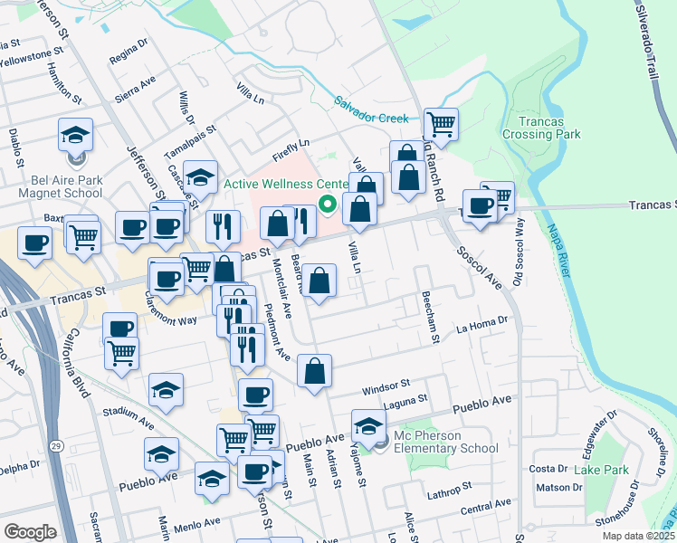 map of restaurants, bars, coffee shops, grocery stores, and more near 3255 Villa Lane in Napa