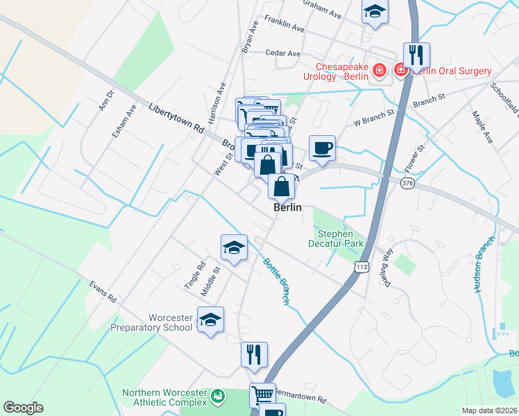 map of restaurants, bars, coffee shops, grocery stores, and more near 200 South Main Street in Berlin