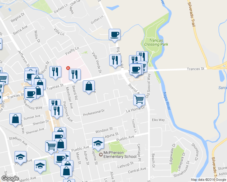 map of restaurants, bars, coffee shops, grocery stores, and more near Von Uhlit Ranch Road in Napa