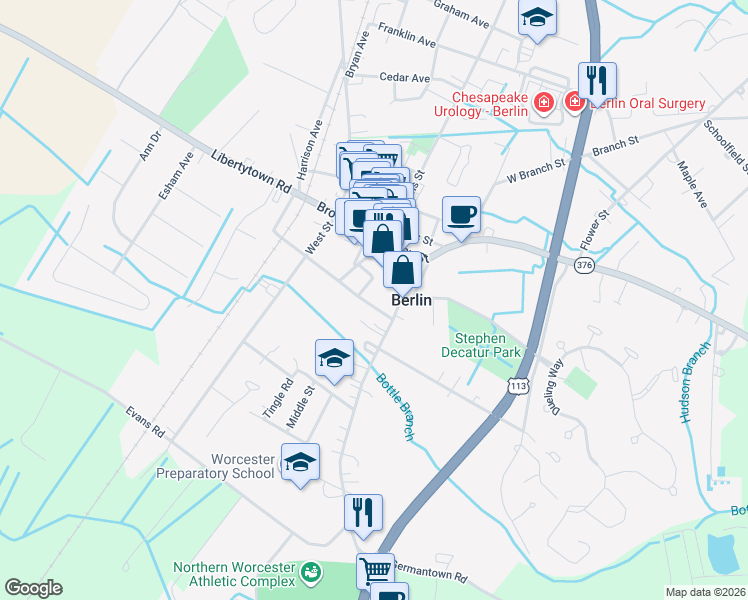 map of restaurants, bars, coffee shops, grocery stores, and more near 200 South Main Street in Berlin