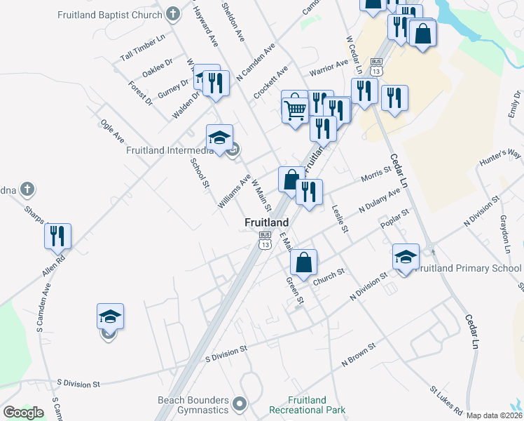 map of restaurants, bars, coffee shops, grocery stores, and more near 100 West Main Street in Fruitland