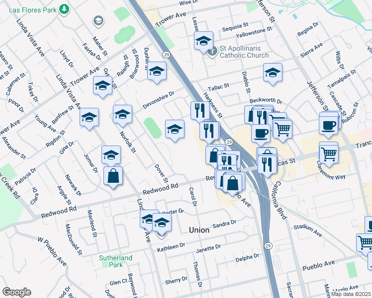 map of restaurants, bars, coffee shops, grocery stores, and more near 3600 Oxford Street in Napa