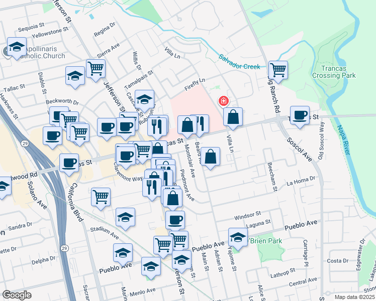 map of restaurants, bars, coffee shops, grocery stores, and more near Montclair Ave & Main St in Napa