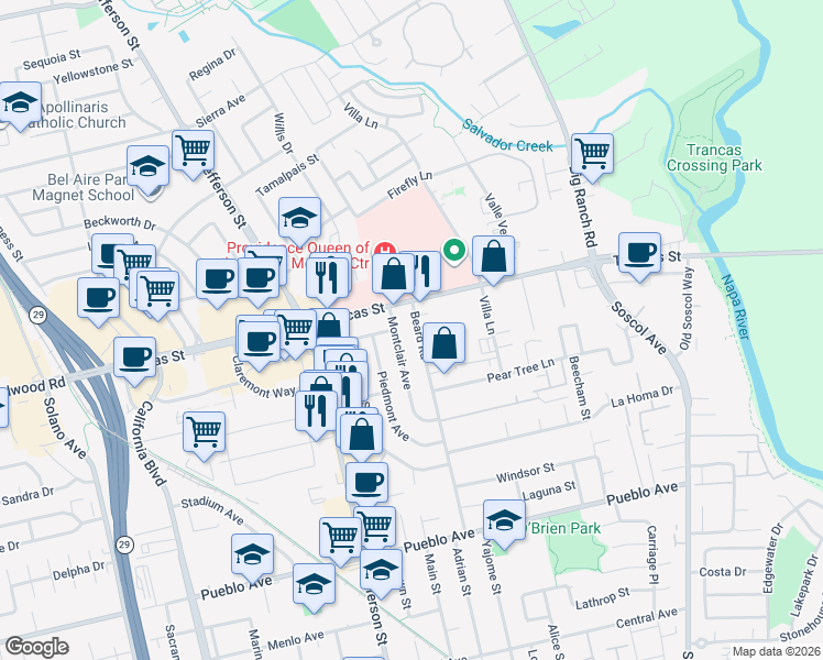 map of restaurants, bars, coffee shops, grocery stores, and more near 3271 Beard Road in Napa