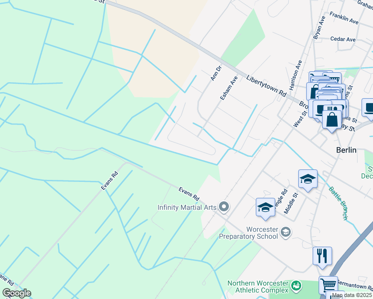 map of restaurants, bars, coffee shops, grocery stores, and more near 281 Powell Circle in Berlin