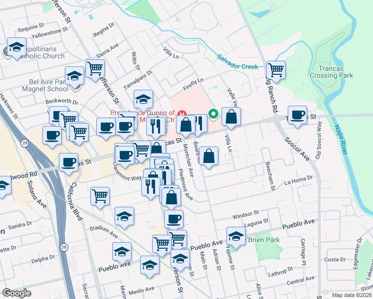 map of restaurants, bars, coffee shops, grocery stores, and more near 3306 Montclair Avenue in Napa