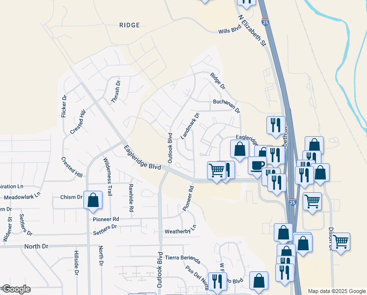 map of restaurants, bars, coffee shops, grocery stores, and more near 4913 Butte Lane in Pueblo