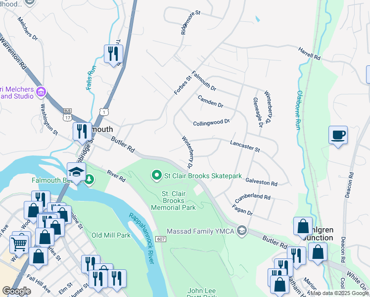 map of restaurants, bars, coffee shops, grocery stores, and more near 658 Lancaster Street in Fredericksburg