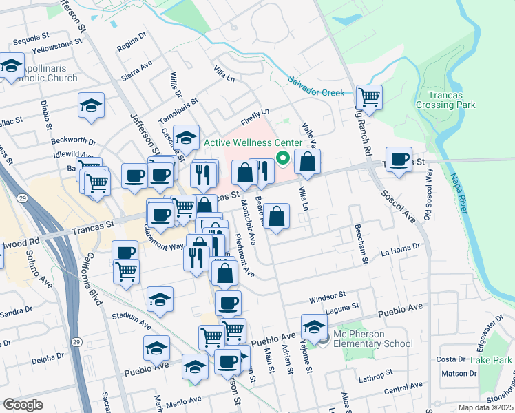map of restaurants, bars, coffee shops, grocery stores, and more near 3253 Montclair Avenue in Napa