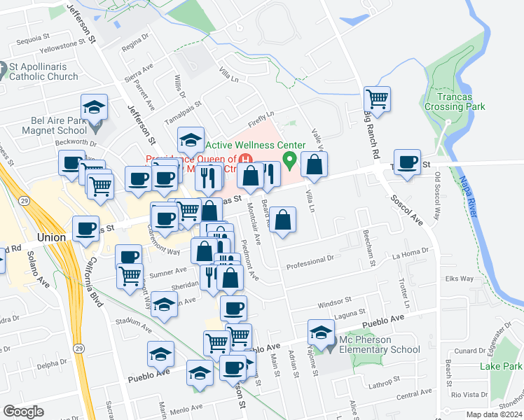 map of restaurants, bars, coffee shops, grocery stores, and more near 3253 Montclair Avenue in Napa