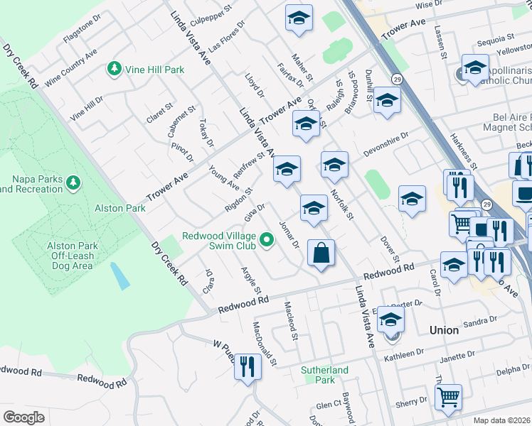 map of restaurants, bars, coffee shops, grocery stores, and more near 3680 Young Avenue in Napa