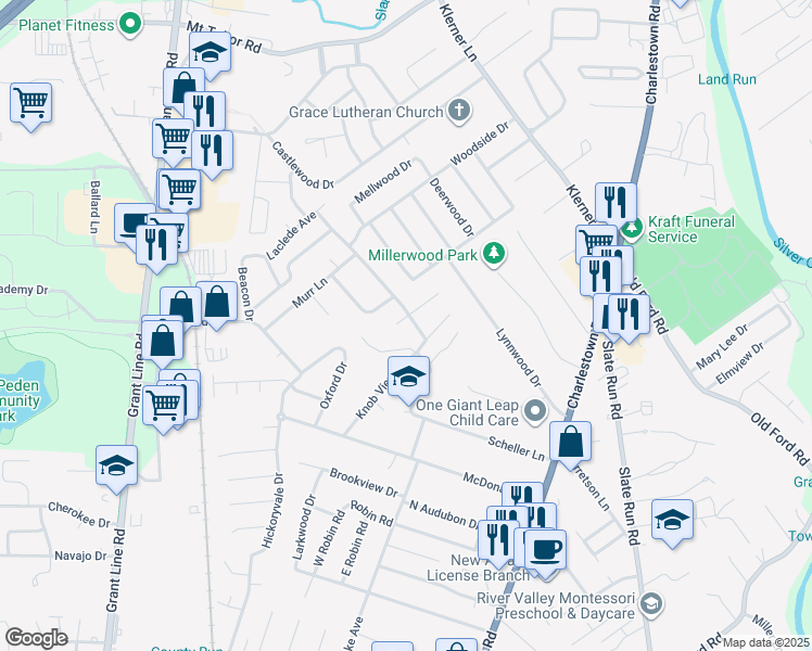 map of restaurants, bars, coffee shops, grocery stores, and more near 2701-2707 Knob View Ave in New Albany