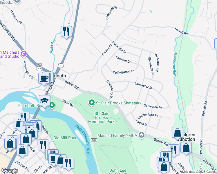 map of restaurants, bars, coffee shops, grocery stores, and more near 658 Lancaster Street in Fredericksburg