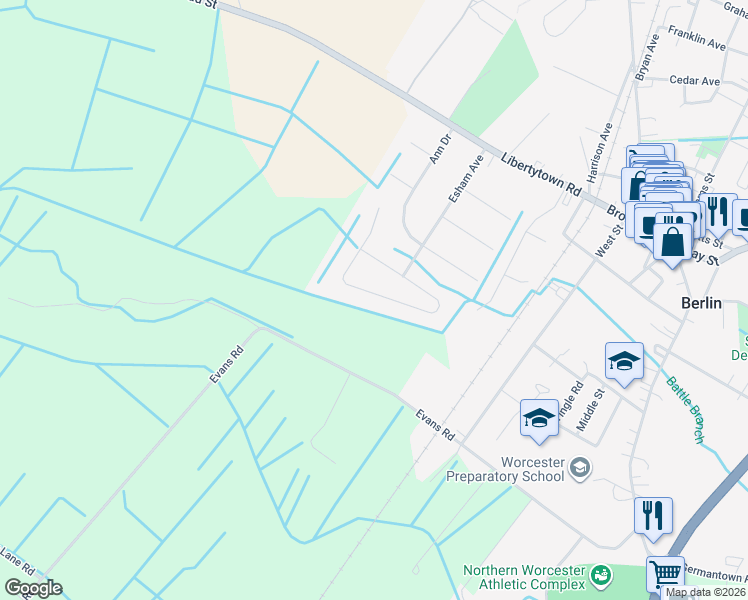 map of restaurants, bars, coffee shops, grocery stores, and more near 287 Powell Circle in Berlin