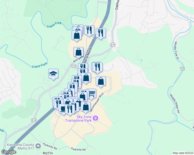 map of restaurants, bars, coffee shops, grocery stores, and more near 2810 Mountaineer Boulevard in Charleston