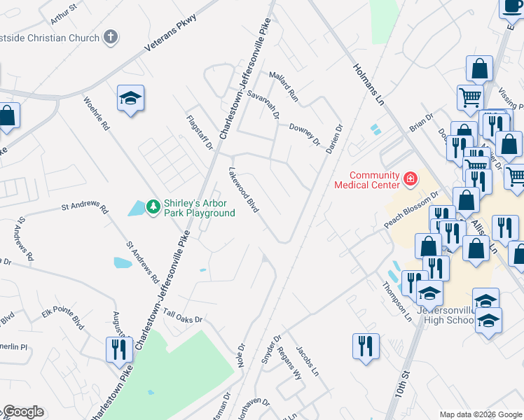 map of restaurants, bars, coffee shops, grocery stores, and more near 3208 Lakewood Boulevard in Jeffersonville