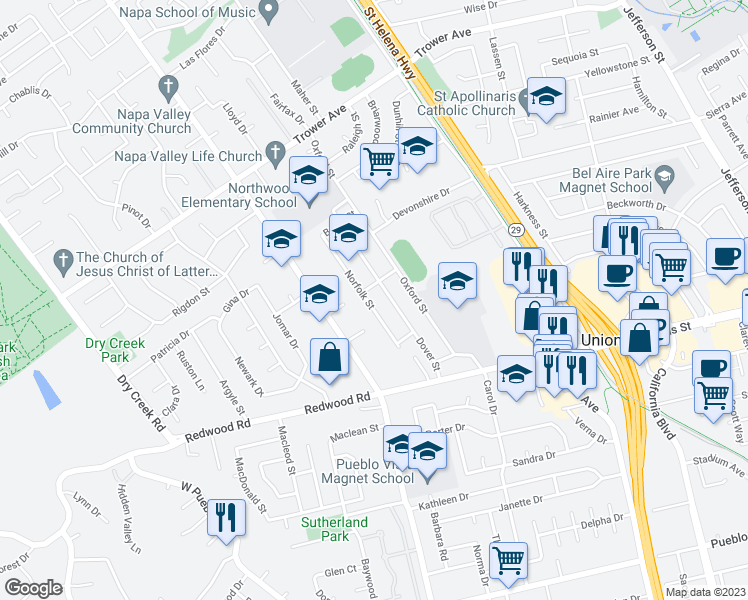 map of restaurants, bars, coffee shops, grocery stores, and more near 3690 Norfolk Street in Napa