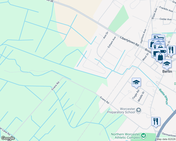 map of restaurants, bars, coffee shops, grocery stores, and more near 287 Powell Circle in Berlin