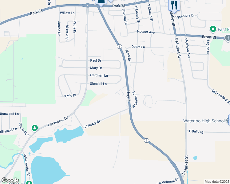 map of restaurants, bars, coffee shops, grocery stores, and more near 529 Southview Drive in Waterloo
