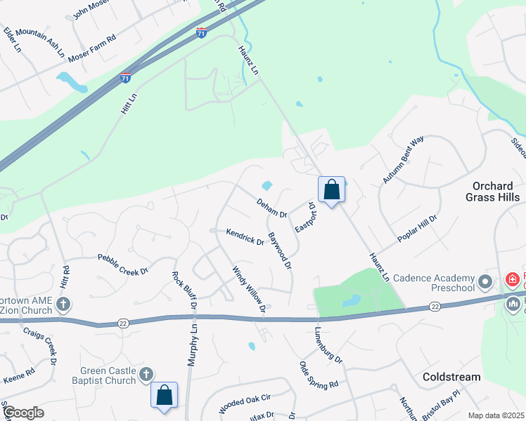 map of restaurants, bars, coffee shops, grocery stores, and more near 11409 Deham Drive in Louisville
