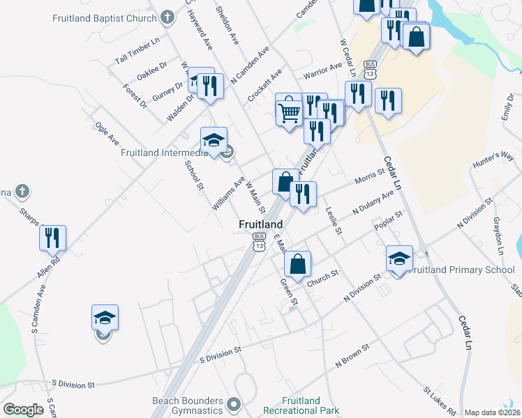 map of restaurants, bars, coffee shops, grocery stores, and more near 103 Dudley Avenue in Fruitland