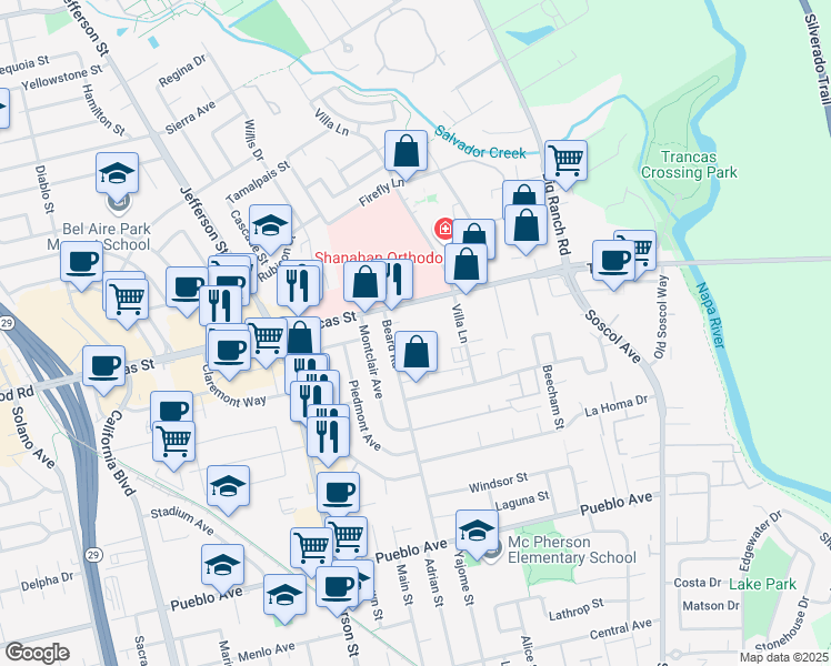 map of restaurants, bars, coffee shops, grocery stores, and more near 980 Trancas Street in Napa