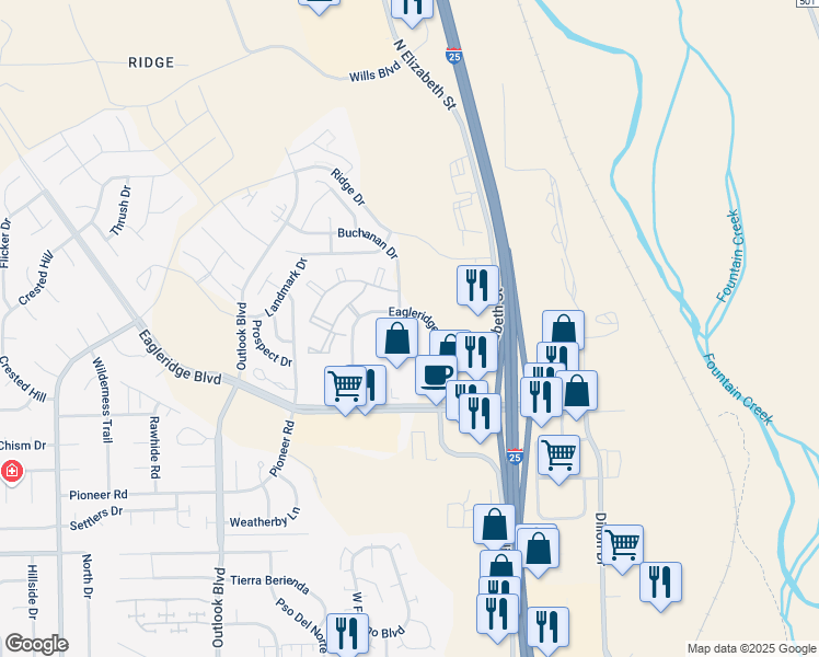 map of restaurants, bars, coffee shops, grocery stores, and more near 4776 Eagleridge Circle in Pueblo