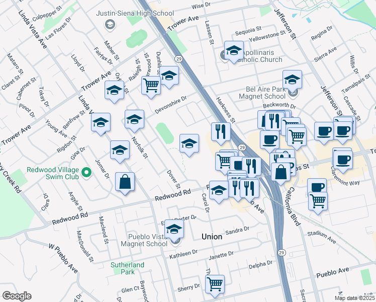 map of restaurants, bars, coffee shops, grocery stores, and more near 3600 Oxford Street in Napa