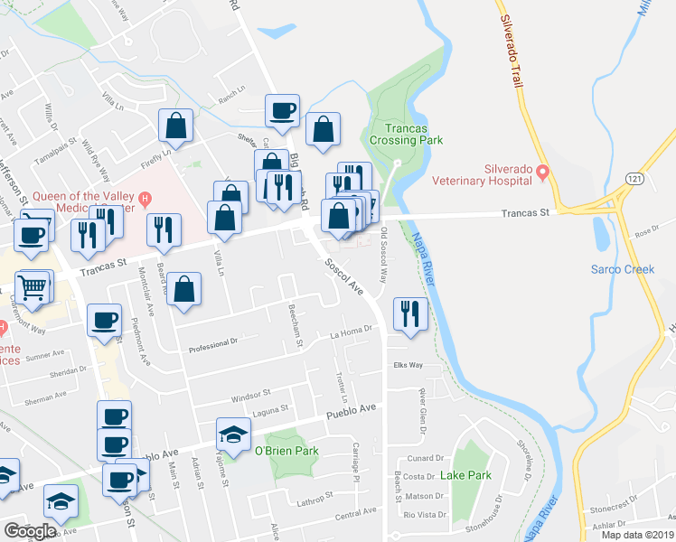 map of restaurants, bars, coffee shops, grocery stores, and more near 1680 Peartree Lane in Napa