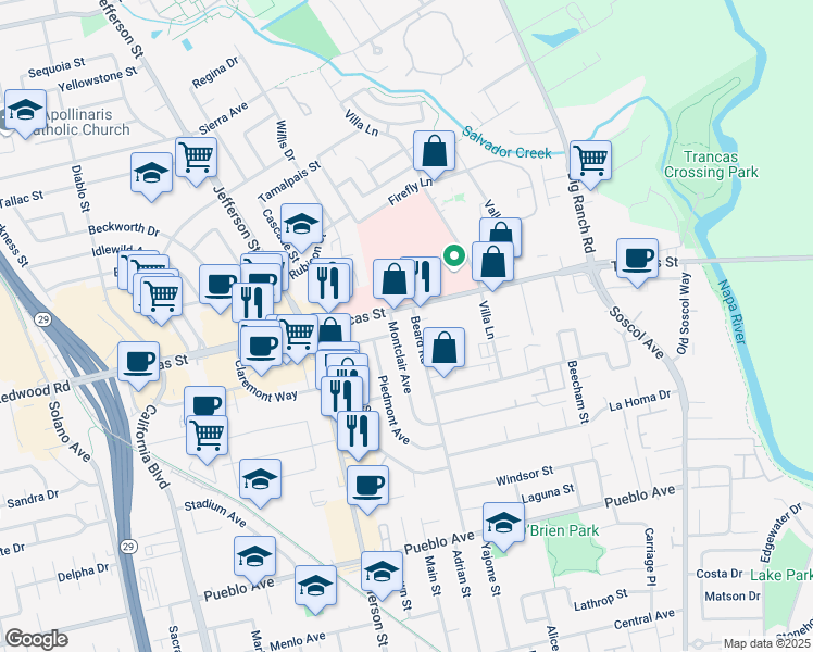map of restaurants, bars, coffee shops, grocery stores, and more near in Napa