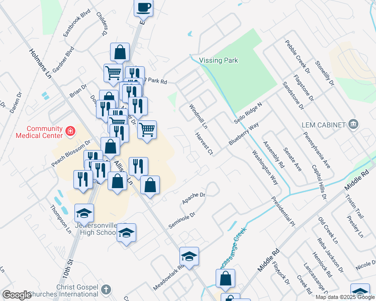 map of restaurants, bars, coffee shops, grocery stores, and more near 3300 Wooded Way in Jeffersonville