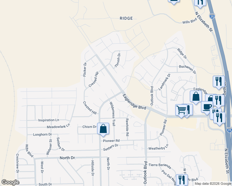 map of restaurants, bars, coffee shops, grocery stores, and more near 7 Gunsmith Court in Pueblo