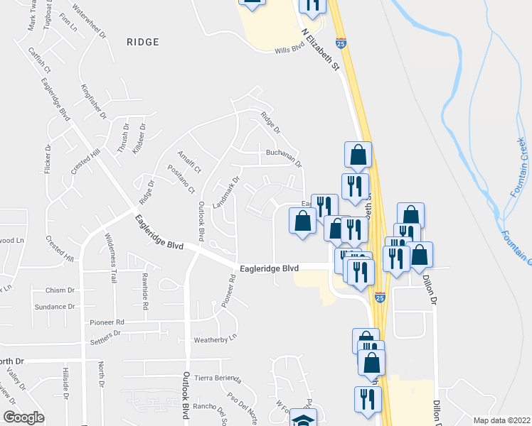map of restaurants, bars, coffee shops, grocery stores, and more near 4737 Eagleridge Circle in Pueblo