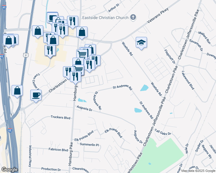 map of restaurants, bars, coffee shops, grocery stores, and more near 2109 Saint Andrews Road in Jeffersonville