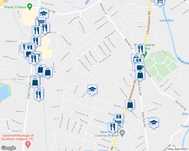 map of restaurants, bars, coffee shops, grocery stores, and more near 2708 Kaywood Drive in New Albany