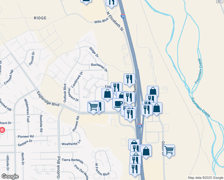 map of restaurants, bars, coffee shops, grocery stores, and more near 4776 Eagleridge Circle in Pueblo